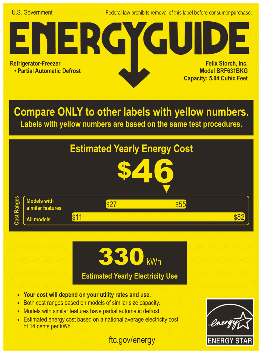 EnergyGuide label for the Summit Appliance BRF631BKG, from the manufacturer document