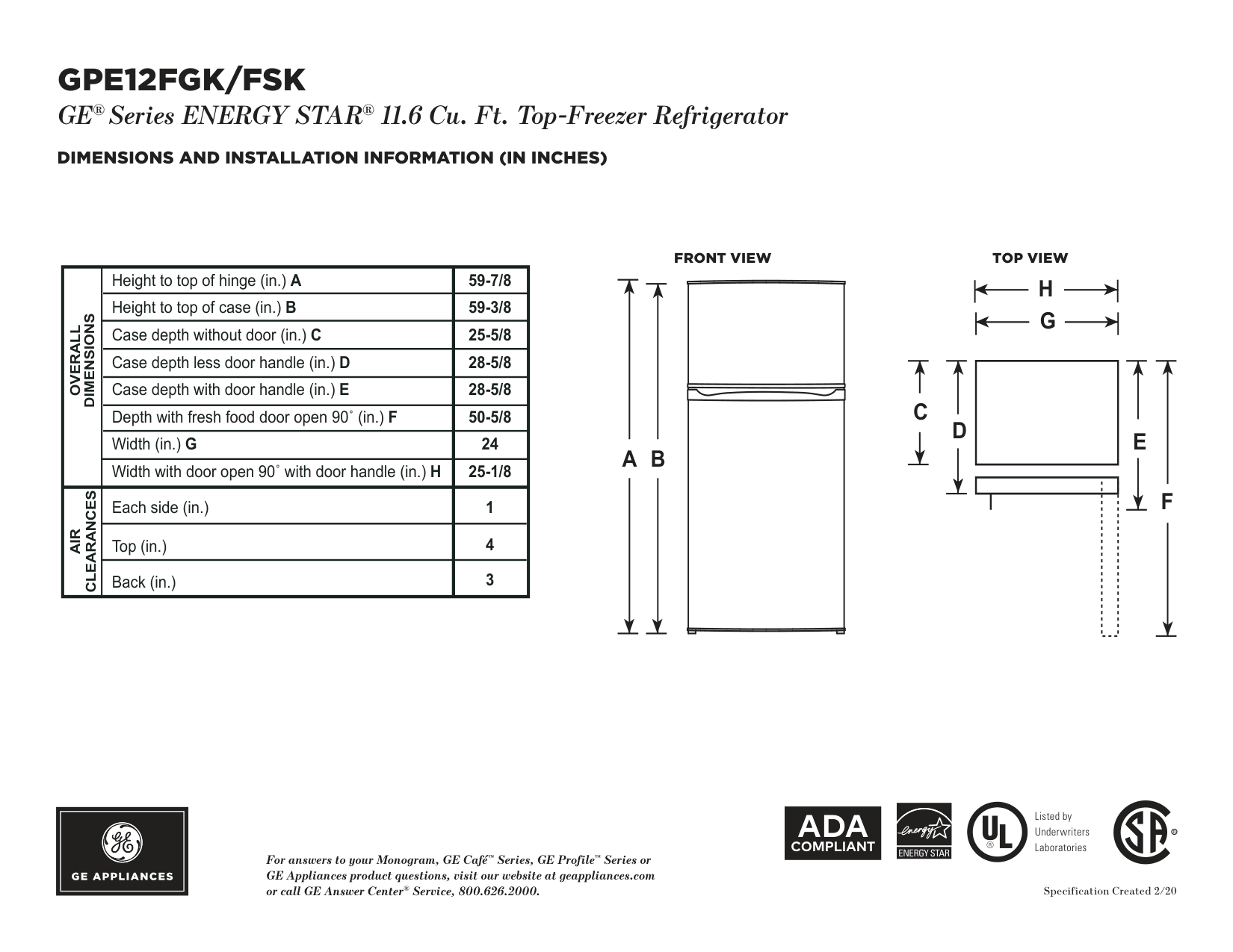 Dimension drawing for the GE Appliances GPE12FGKWW, from the manufacturer document