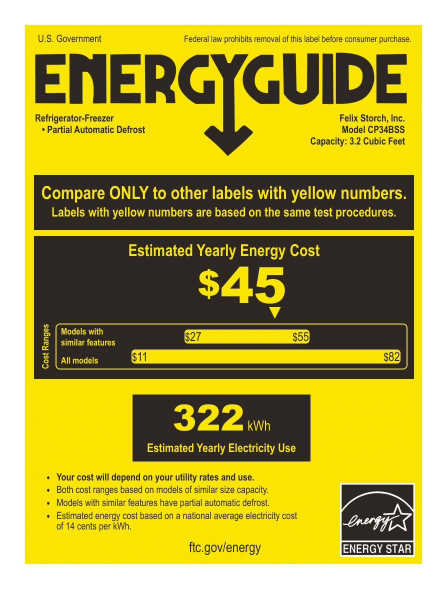 EnergyGuide label for the Summit Appliance CP34BSS, from the owner's manual