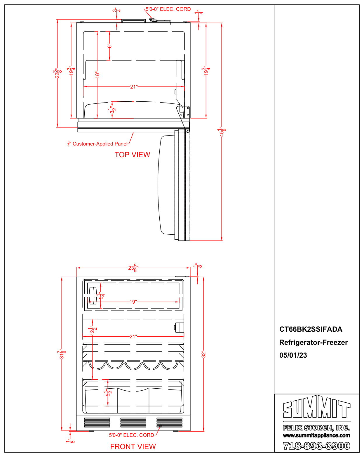 Dimension drawing for the Summit Appliance CT66BK2SSIFADA, from the manufacturer document