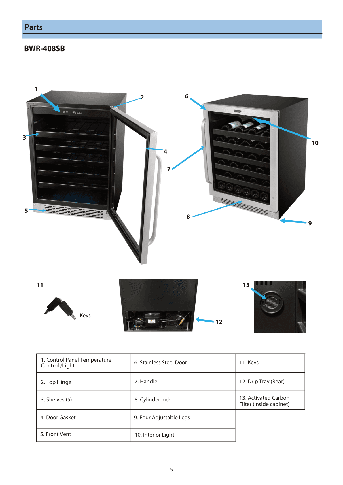 Parts diagram for the Whynter BWR-408SB, from the owner's manual