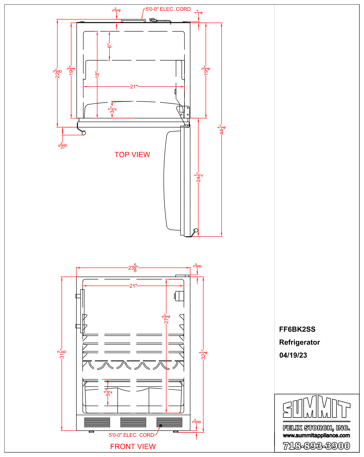 Dimension drawing for the Summit Appliance FF6BK2SS, from the manufacturer document