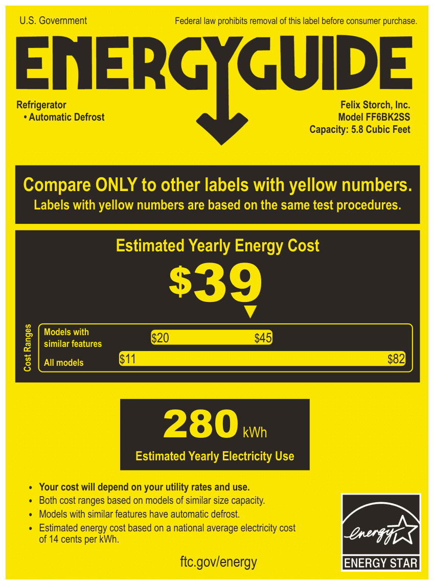 EnergyGuide label for the Summit Appliance FF6BK2SS, from the manufacturer document