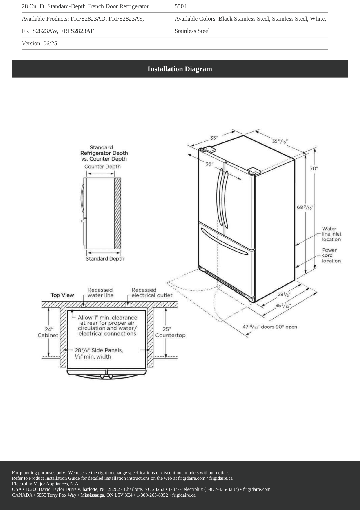 Installation diagram for the Frigidaire FRFS2823AD, from the spec sheet