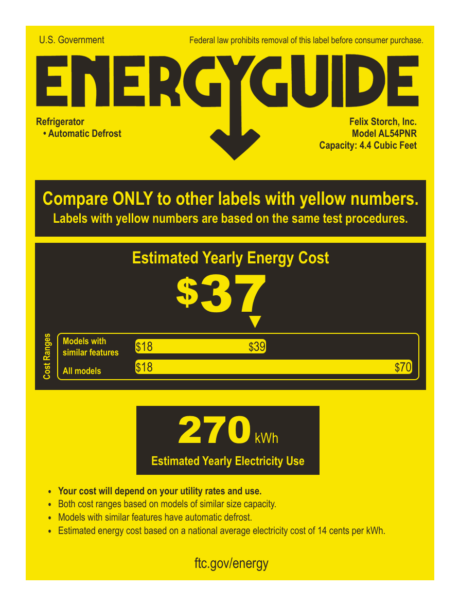 EnergyGuide label for the Summit Appliance AL54PNR, from the owner's manual
