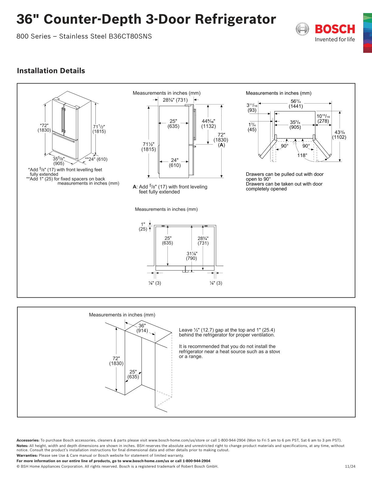 Dimension drawing for the Bosch B36CT80SNS, from the owner's manual