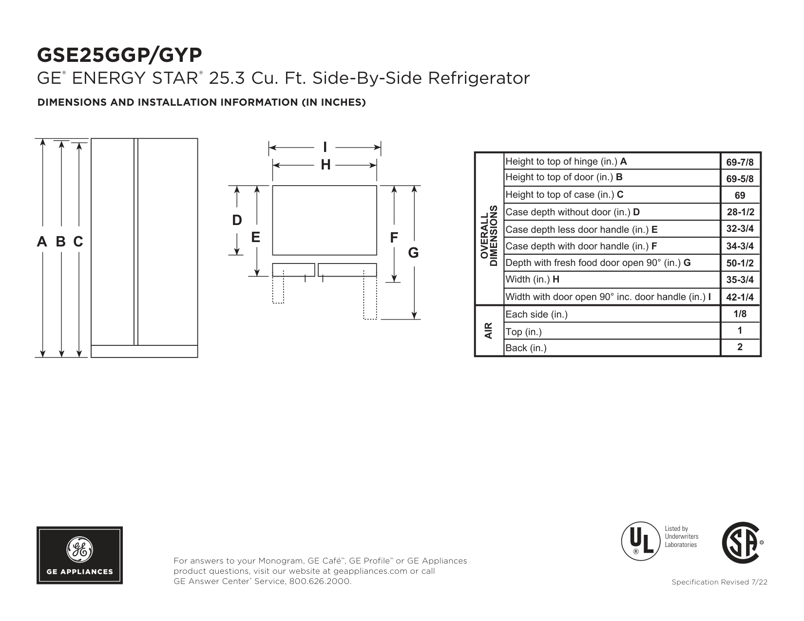 Dimension drawing for the GE Appliances GSE25GYPFS, from the manufacturer document