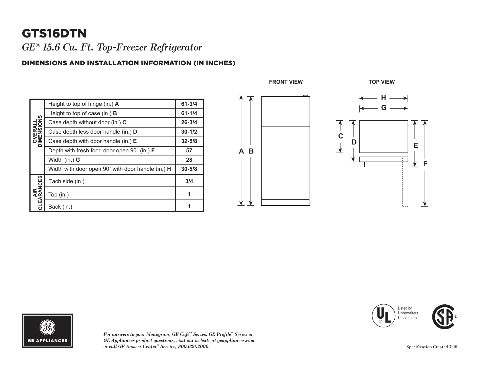 Dimension drawing for the GE Appliances GTS16DTNRWW, from the owner's manual