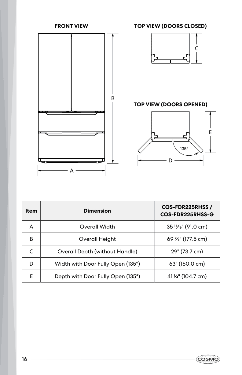 Dimension drawing for the Cosmo COS-FDR225RHSS-G, from the owner's manual