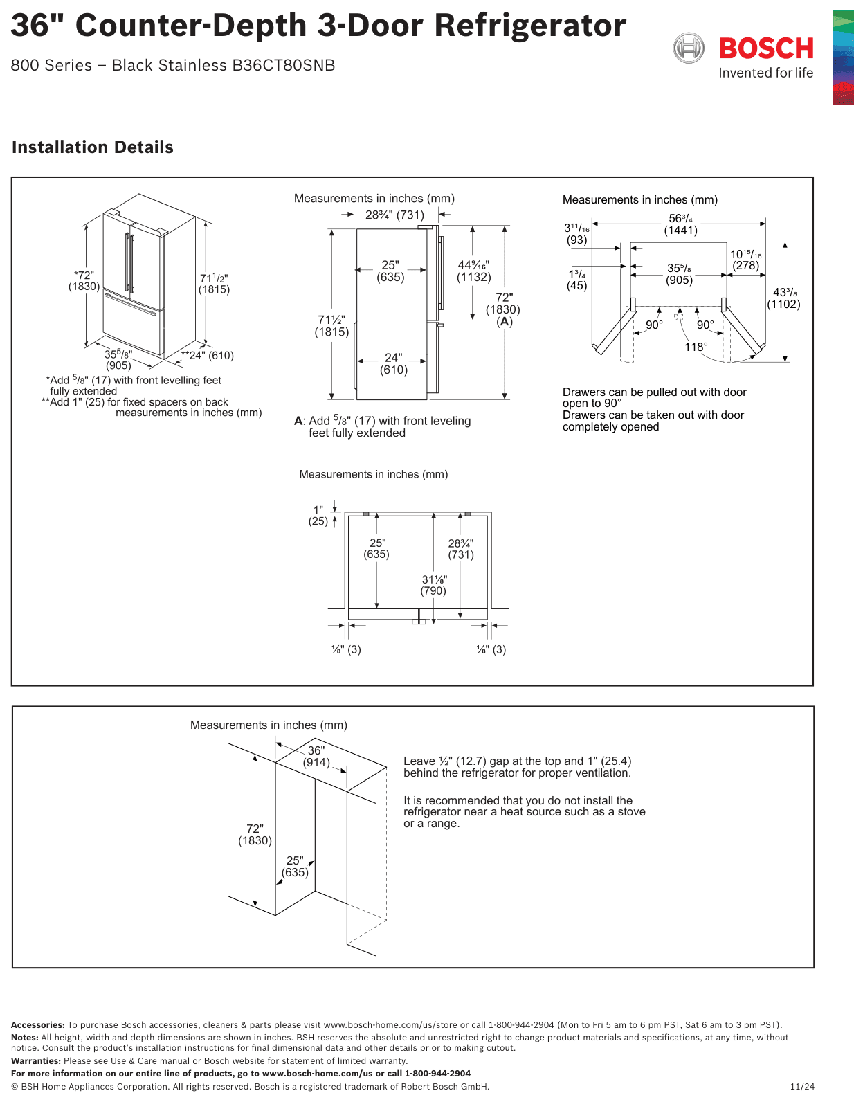 Dimension drawing for the Bosch B36CT80SNB, from the manufacturer document
