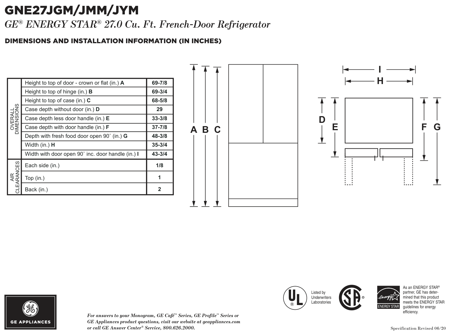 Dimension drawing for the GE GNE27JMMES, from the manufacturer document
