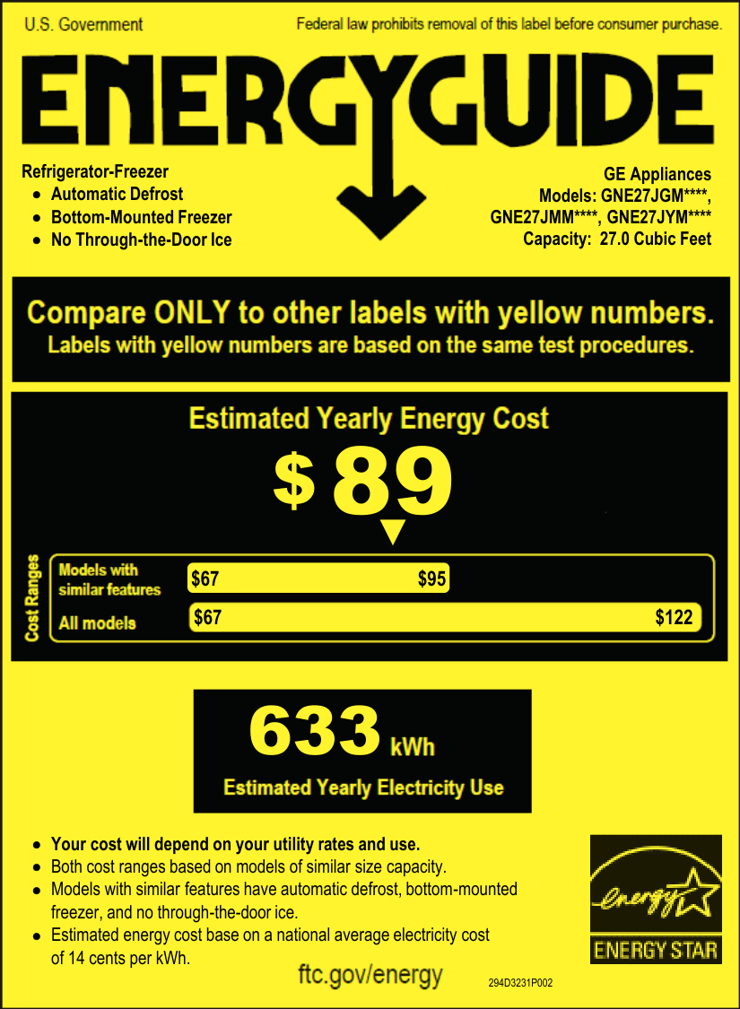 EnergyGuide label for the GE GNE27JMMES, from the manufacturer document
