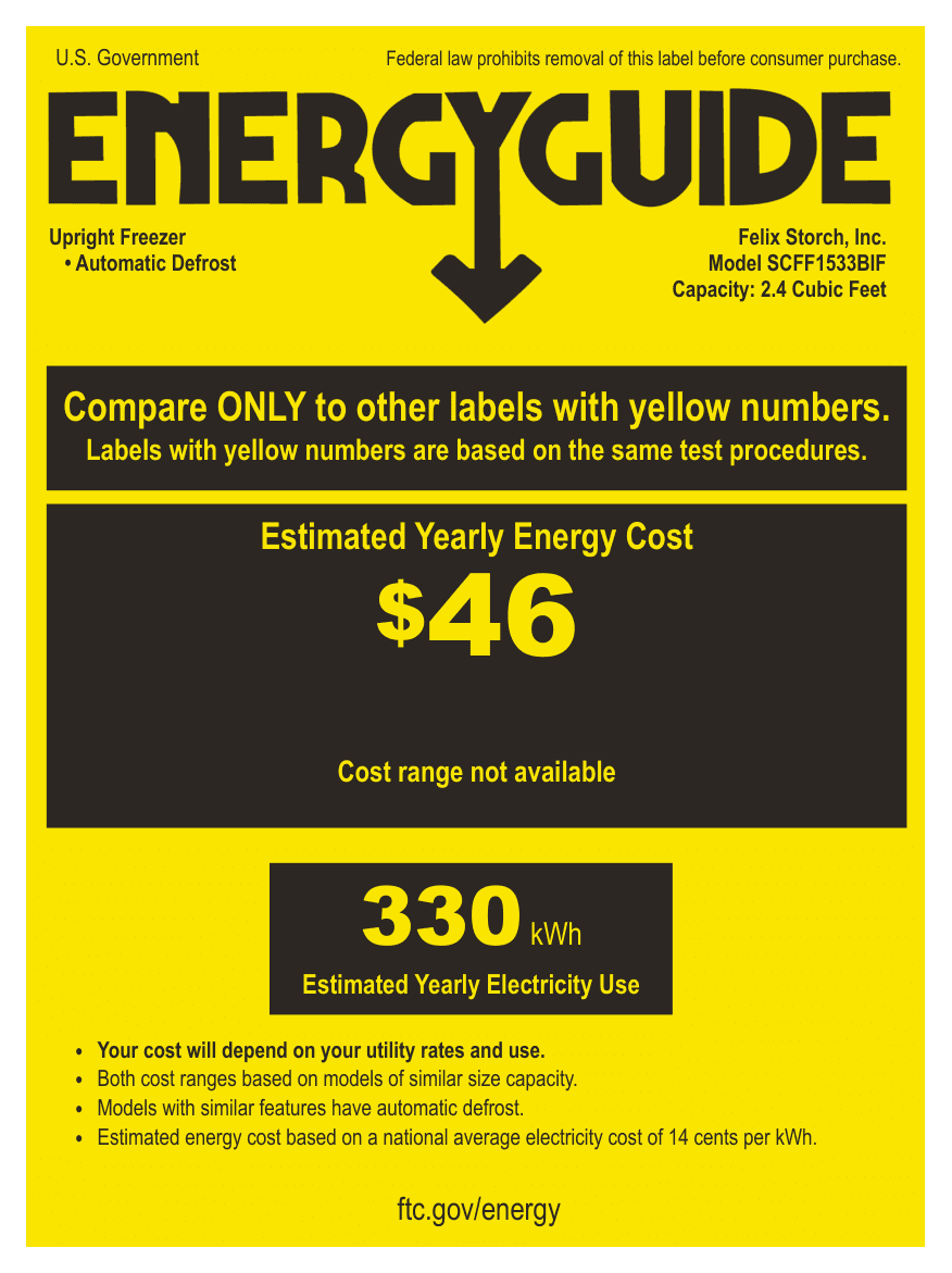 EnergyGuide label for the Summit Appliance SCFF1533BIF, from the EnergyGuide label