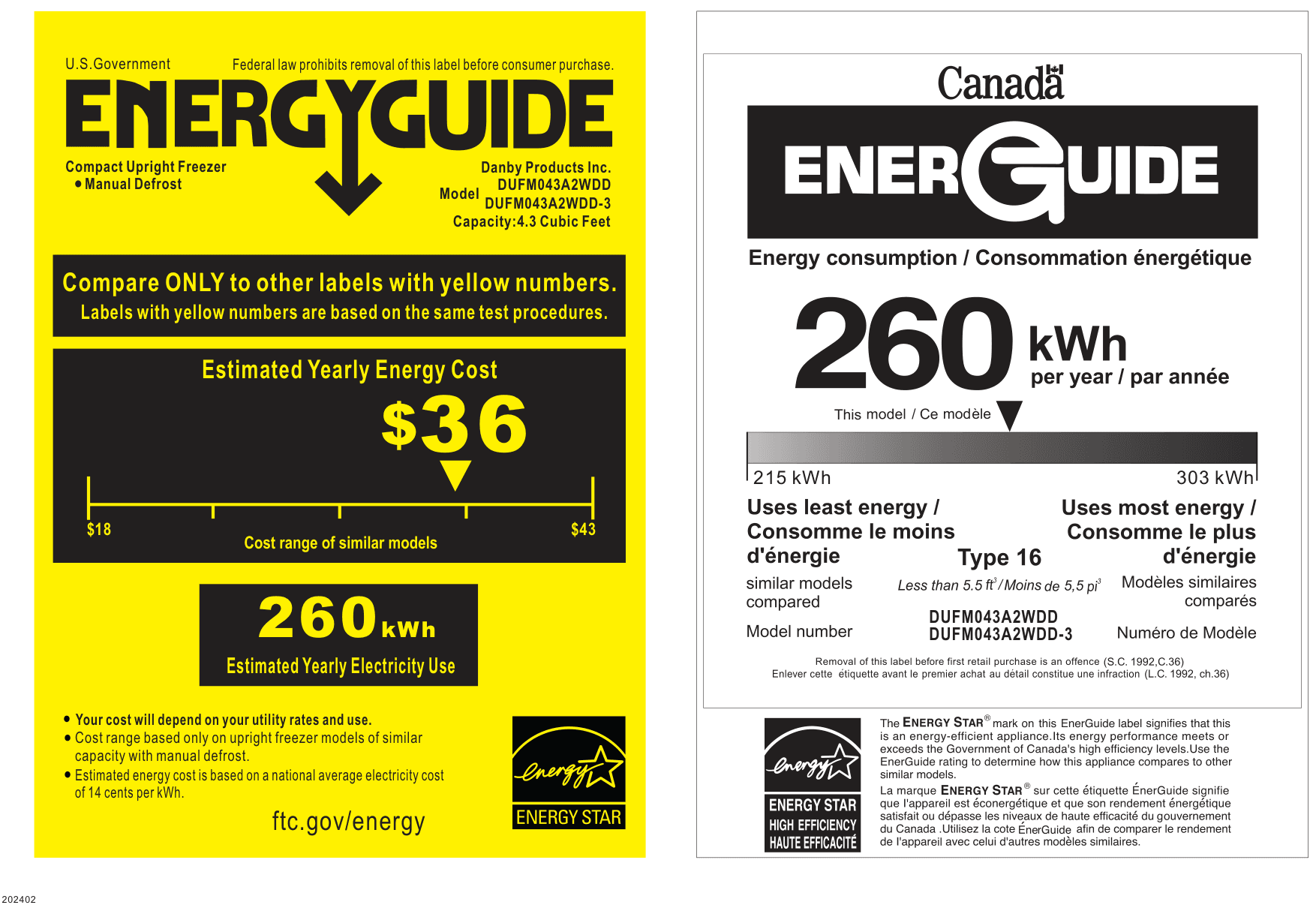 EnergyGuide label for the Danby DUFM043A2WDD, from the manufacturer document