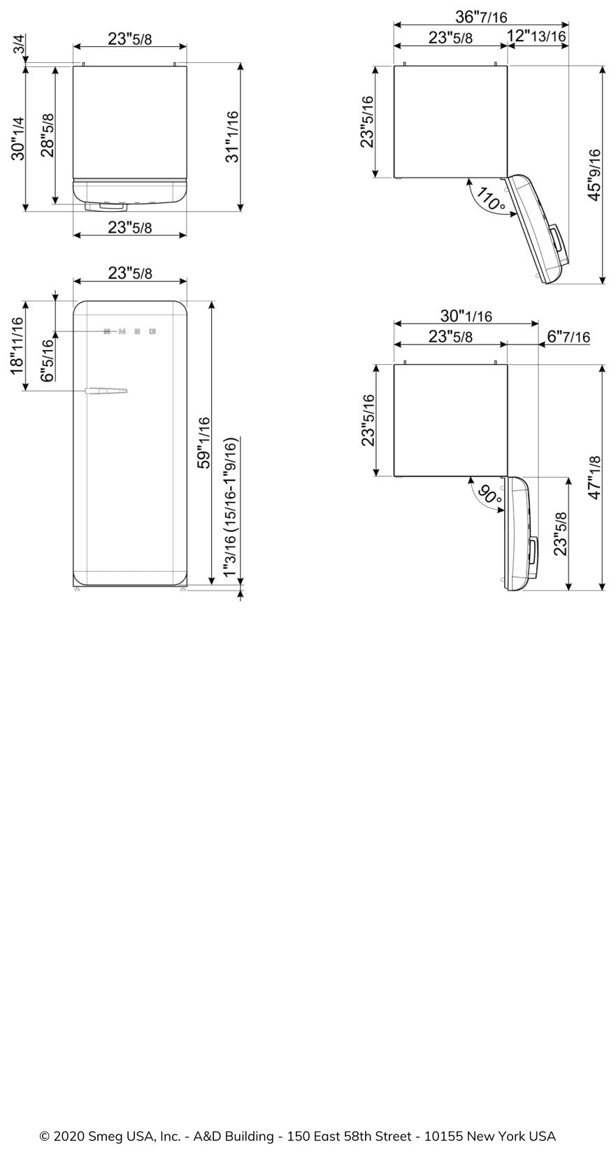 Dimension drawing for the Smeg FAB28URDIT3, from the manufacturer document