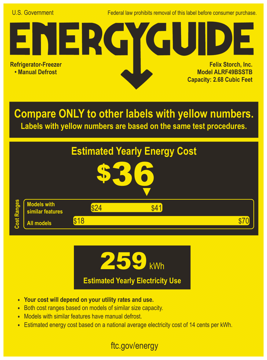 EnergyGuide label for the Summit Appliance ALRF49BSSTB, from the manufacturer document