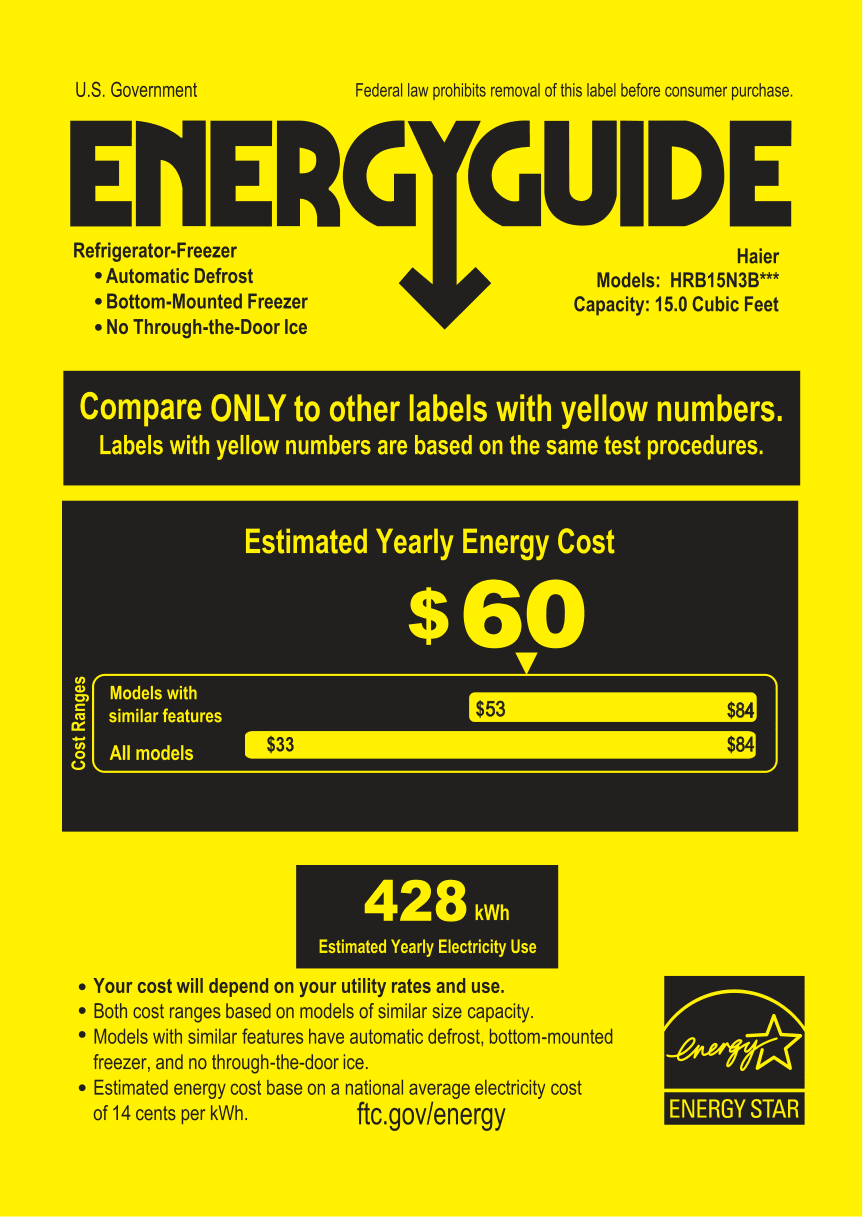 EnergyGuide label for the Haier HRB15N3BGS, from the manufacturer document