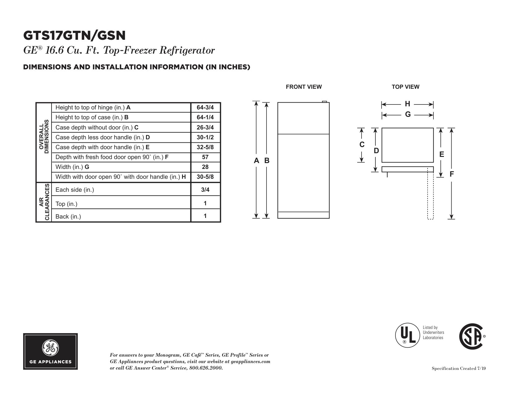 Dimension drawing for the GE Appliances GTS17GTNRWW, from the manufacturer document