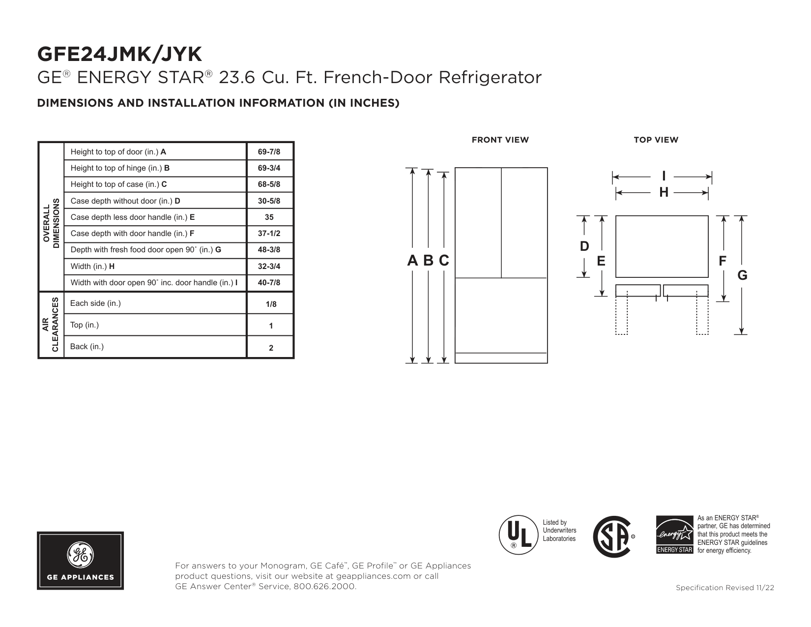 Dimension drawing for the GE GFE24JYKFS, from the manufacturer document