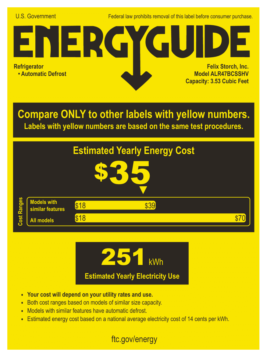 EnergyGuide label for the Summit Appliance ALR47BCSSHV, from the EnergyGuide label
