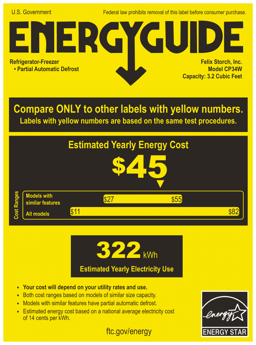 EnergyGuide label for the Summit Appliance CP34W, from the manufacturer document