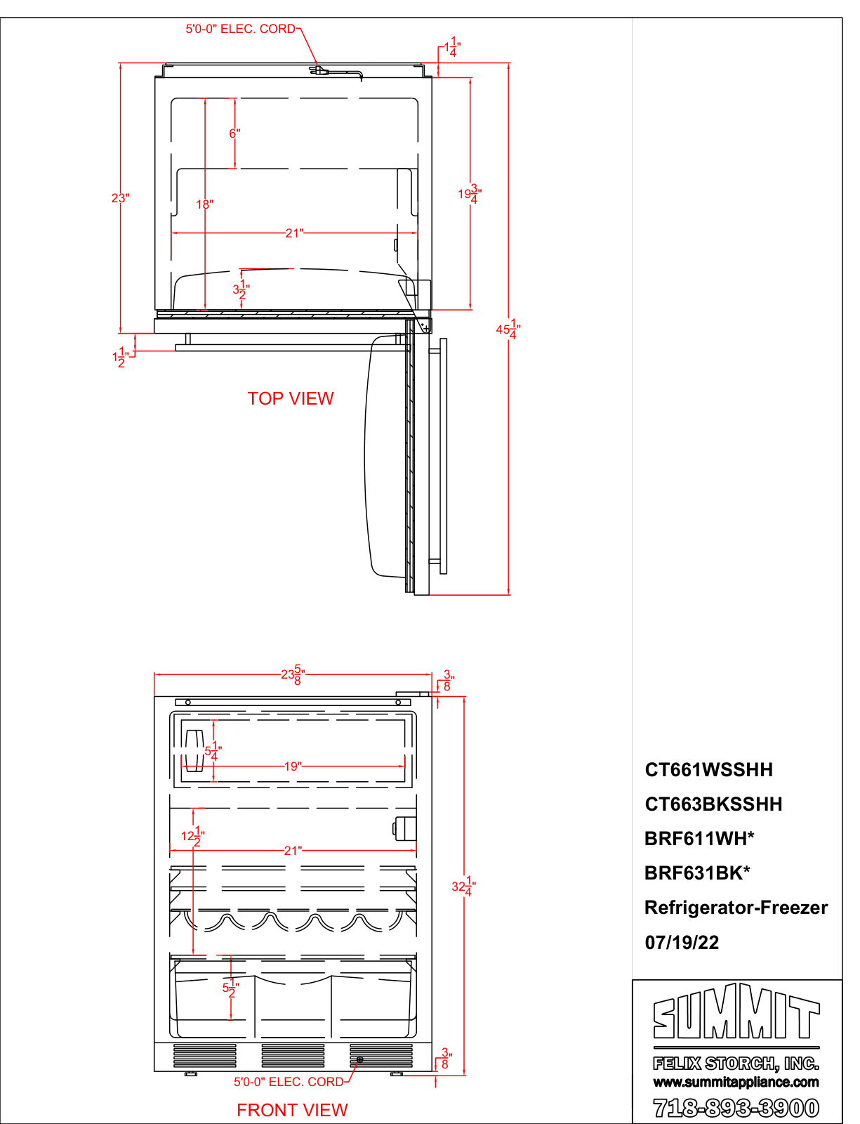 Dimension drawing for the Summit Appliance BRF611WHG, from the dimension drawing