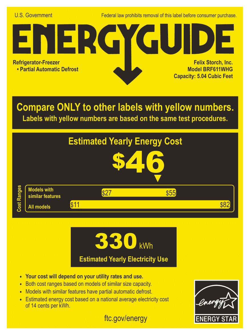 EnergyGuide label for the Summit Appliance BRF611WHG, from the EnergyGuide label