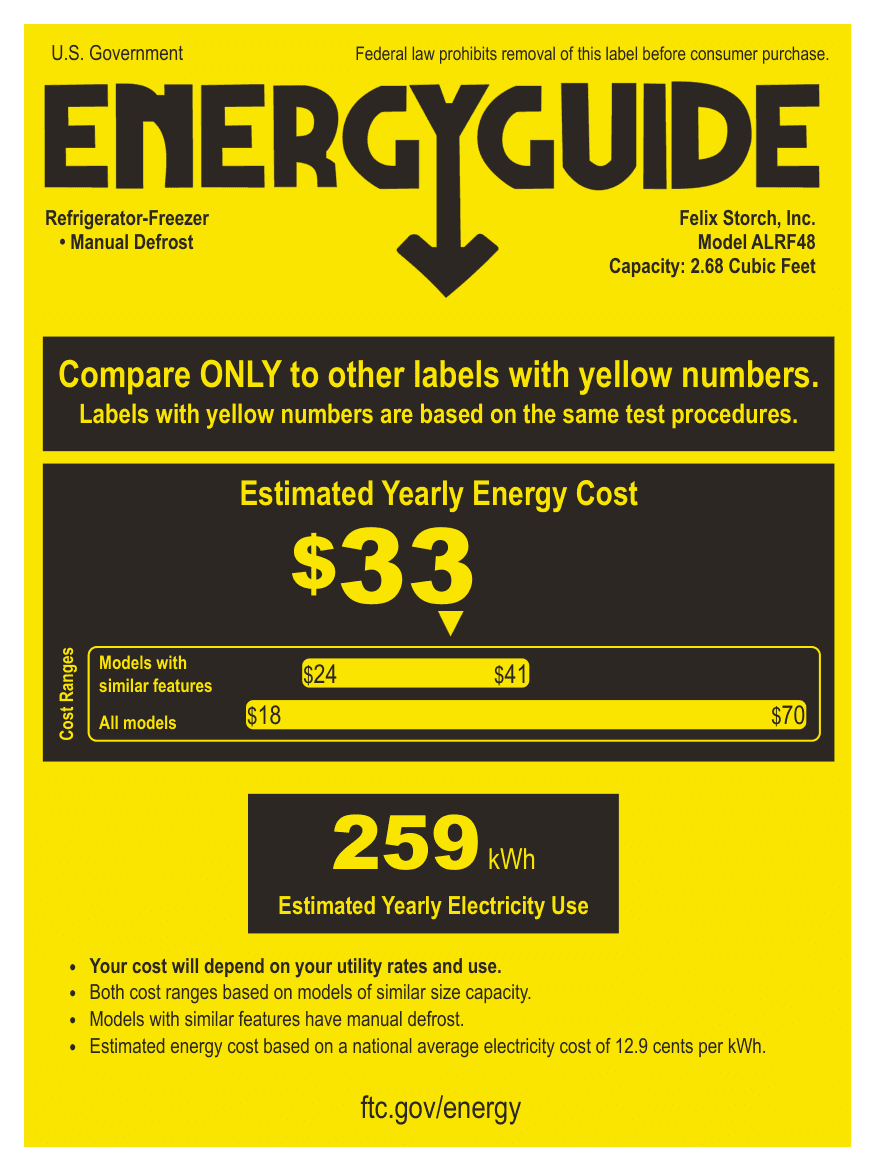 EnergyGuide label for the Summit Appliance ALRF48, from the EnergyGuide label