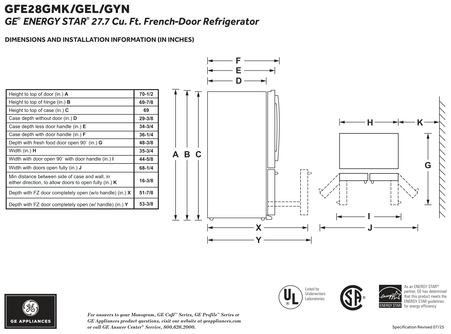 Dimension drawing for the GE GFE28GELDS, from the manufacturer document