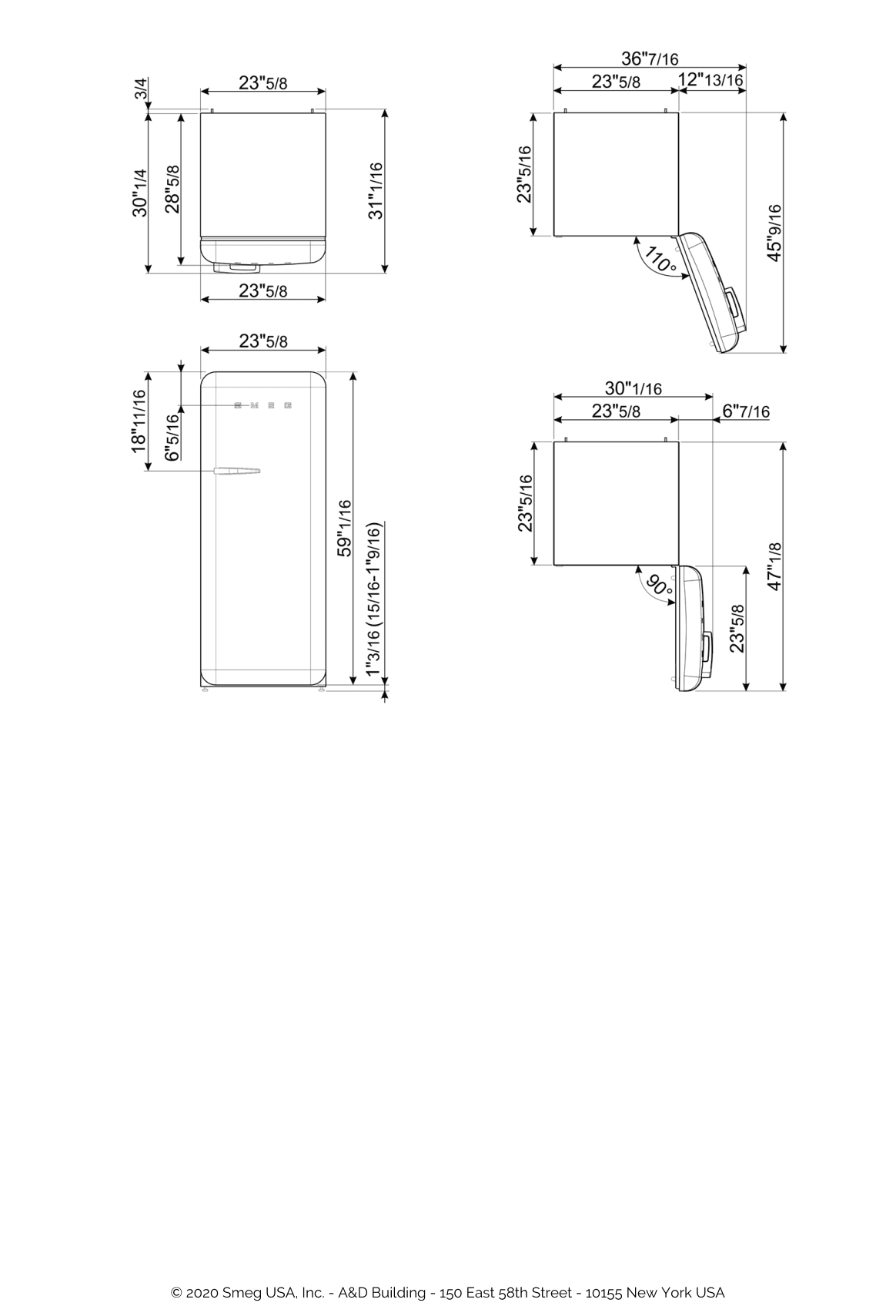 Dimension drawing for the Smeg FAB28URDUJ3, from the spec sheet