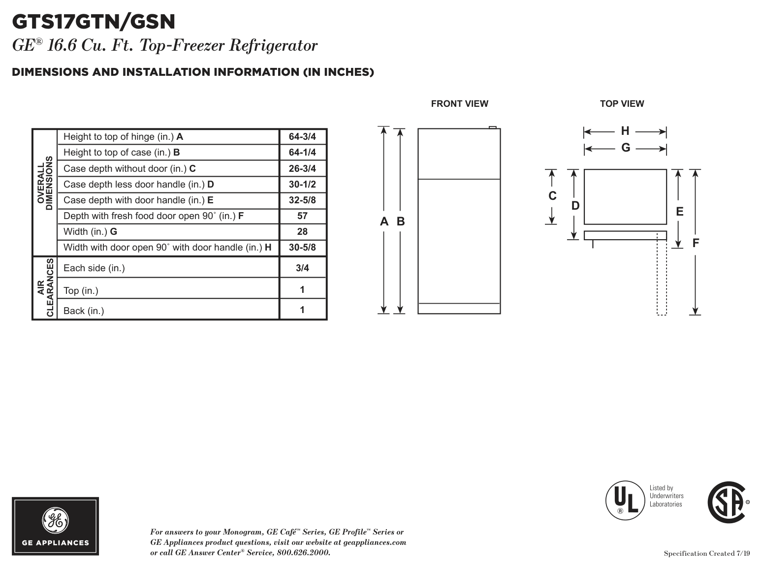 Dimension drawing for the GE Appliances GTS17GSNRSS, from the spec sheet