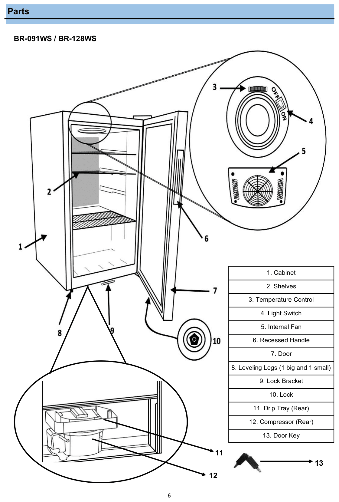 Parts diagram for the Whynter BR-128WS, from the manufacturer document