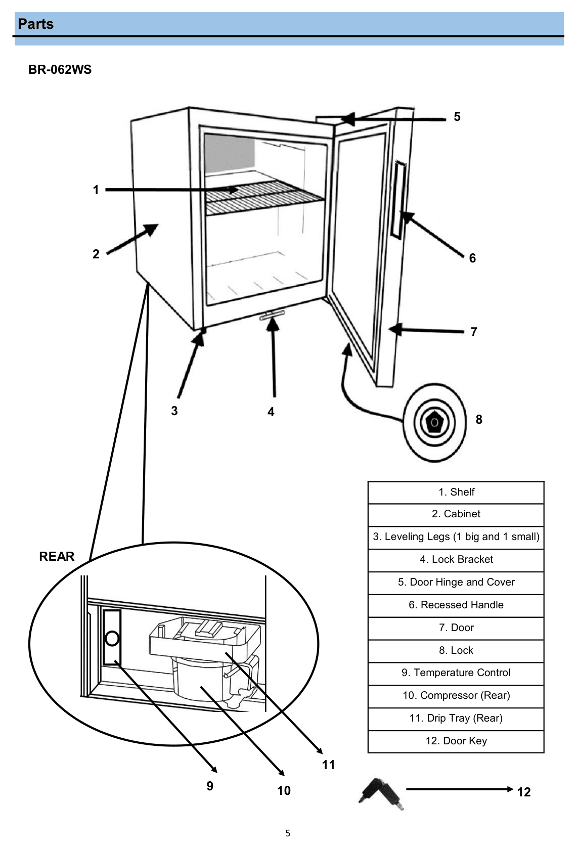 Parts diagram for the Whynter BR-062WS, from the owner's manual