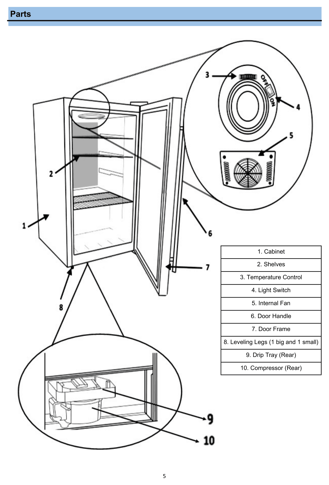 Parts diagram for the Whynter BR-130SB, from the owner's manual
