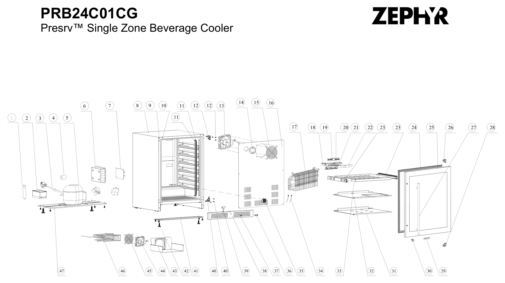 Parts diagram for the Zephyr PRB24C01CG, from the spec sheet