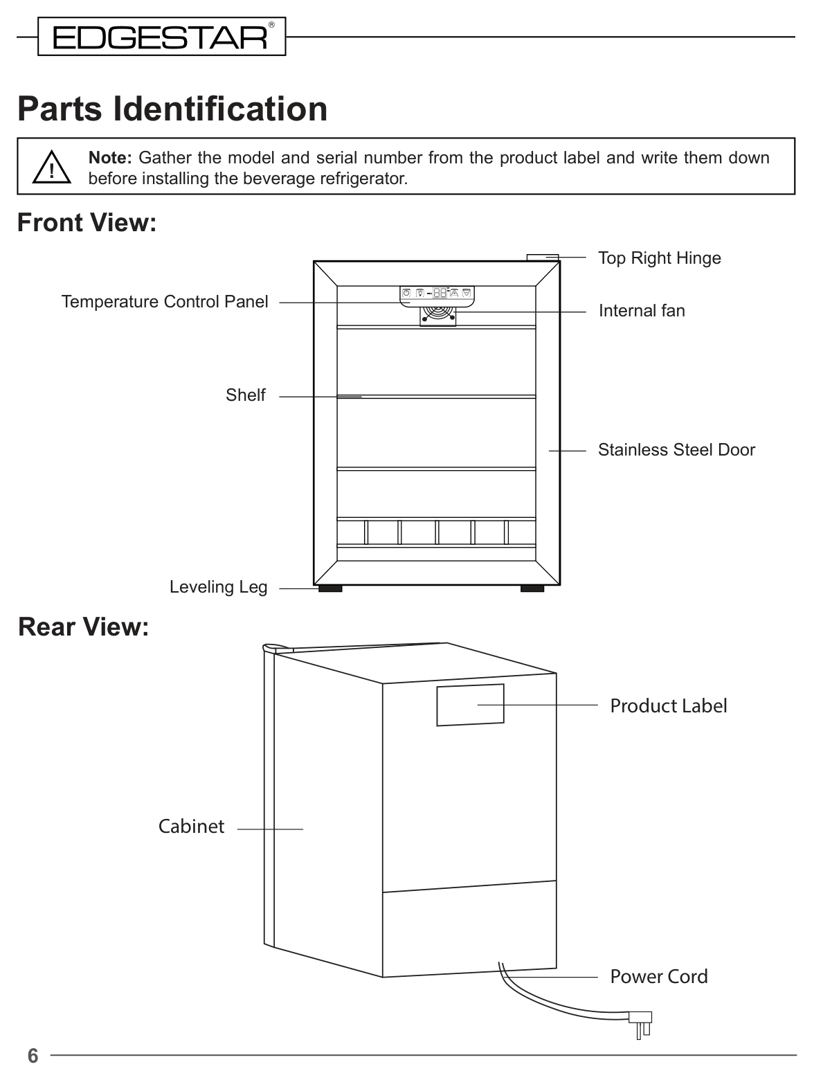 Parts diagram for the EdgeStar BWC91SS, from the owner's manual