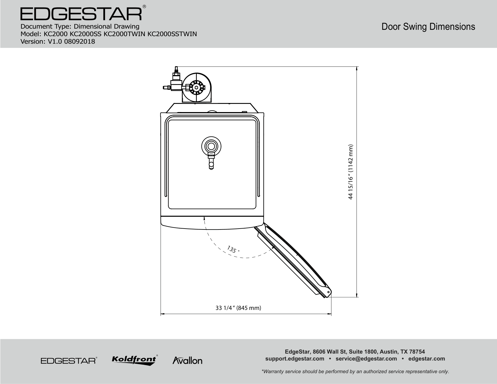 Dimension drawing for the EdgeStar KC2000SSTWIN, from the manufacturer document