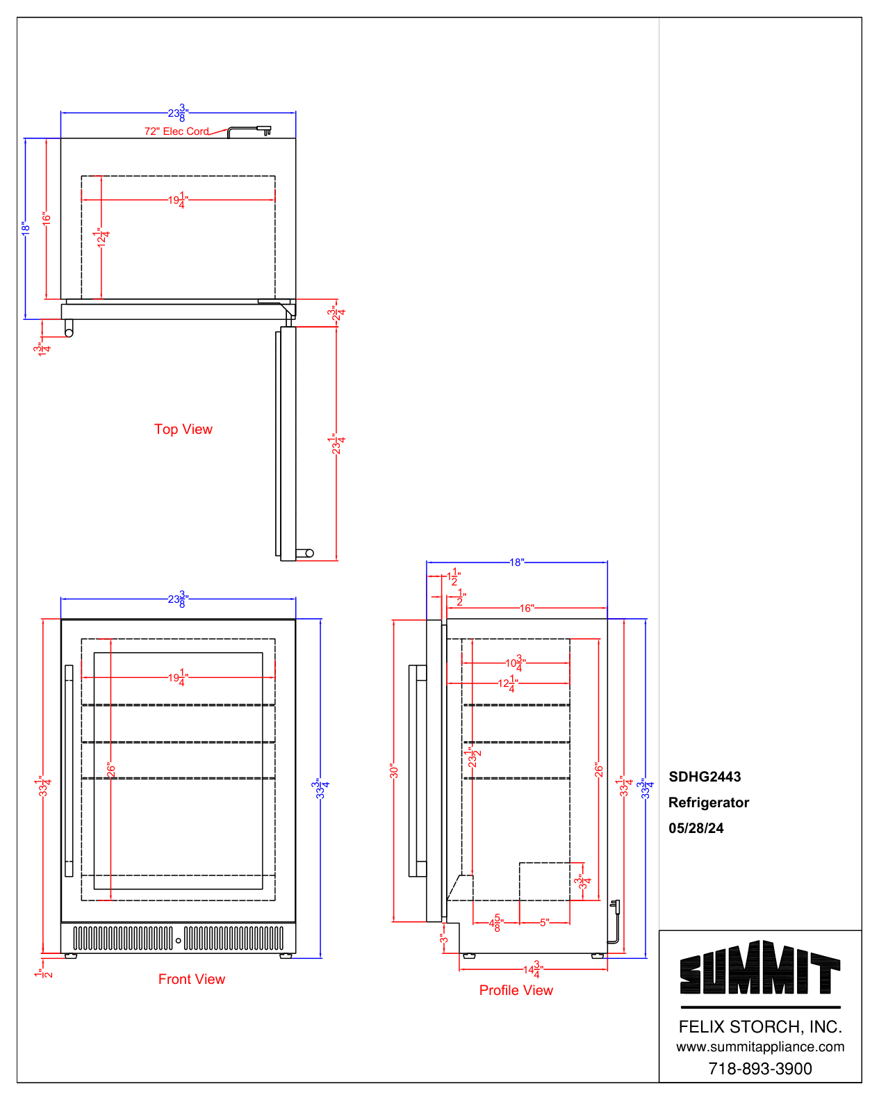 Dimension drawing for the Summit Appliance SDHG2443LHD, from the dimension drawing