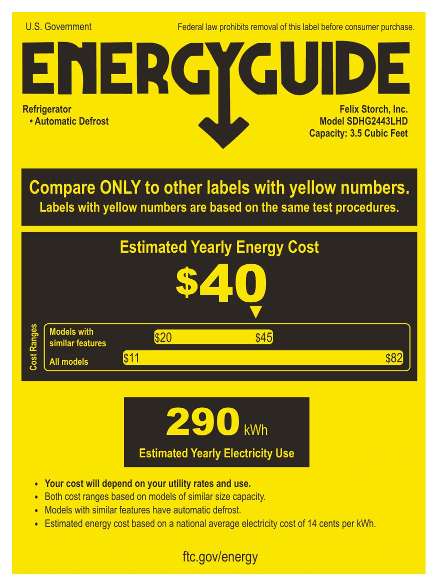 EnergyGuide label for the Summit Appliance SDHG2443LHD, from the EnergyGuide label