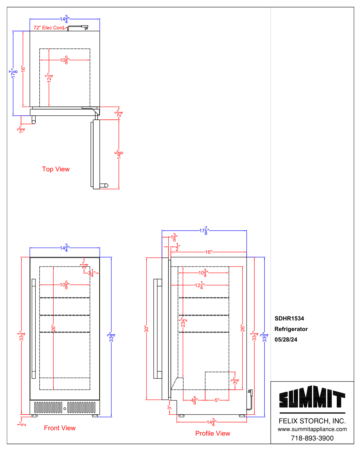 Dimension drawing for the Summit Appliance SDHR1534LHD, from the dimension drawing