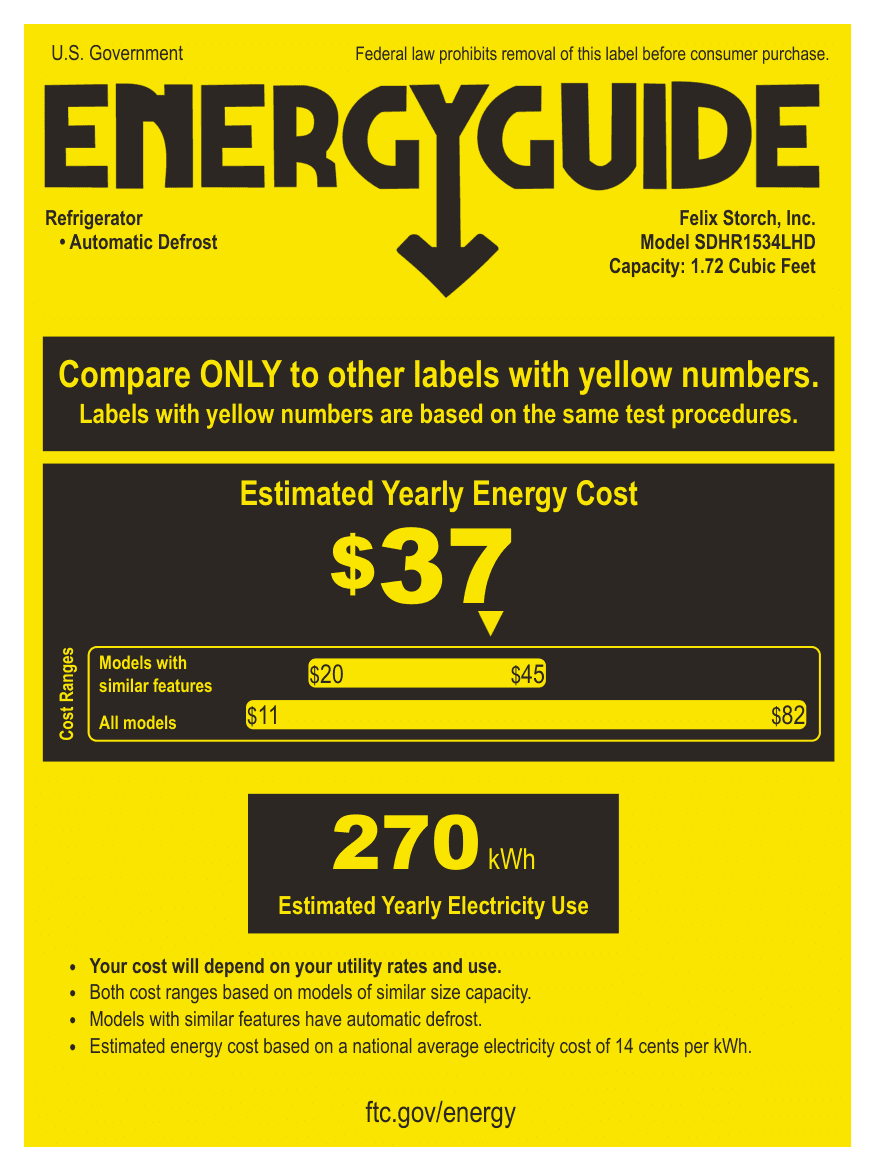 EnergyGuide label for the Summit Appliance SDHR1534LHD, from the EnergyGuide label