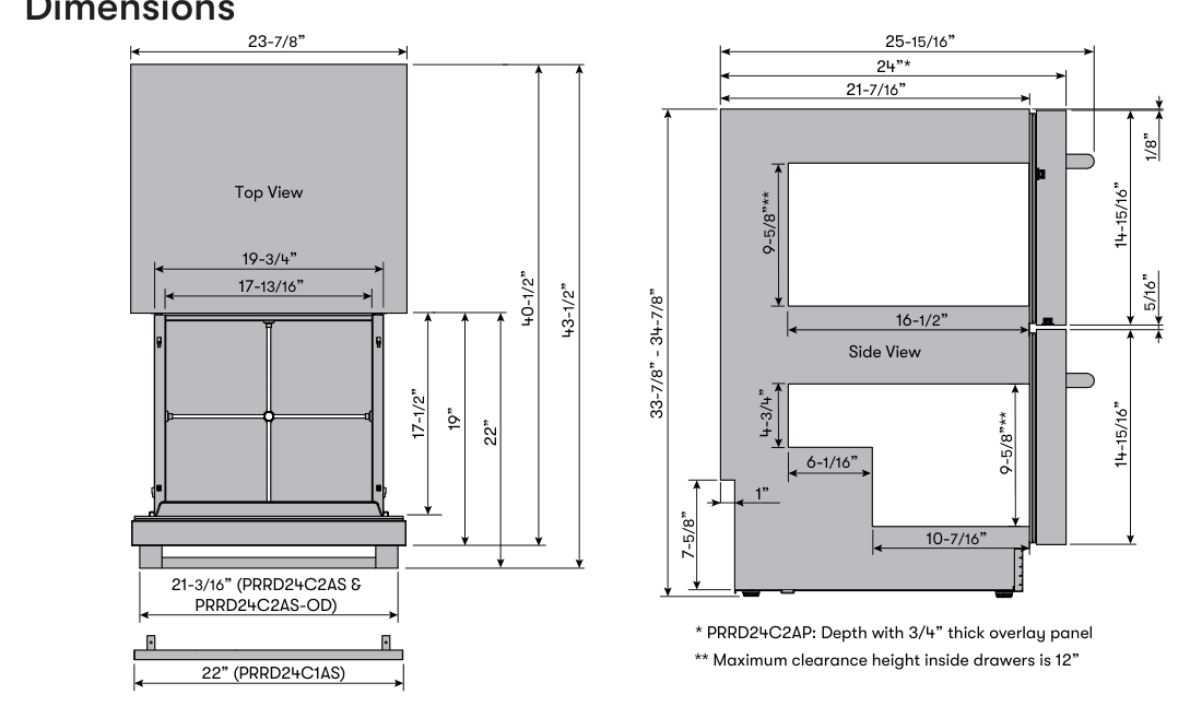 Dimension drawing for the Zephyr PRRD24C2AS, from the owner's manual