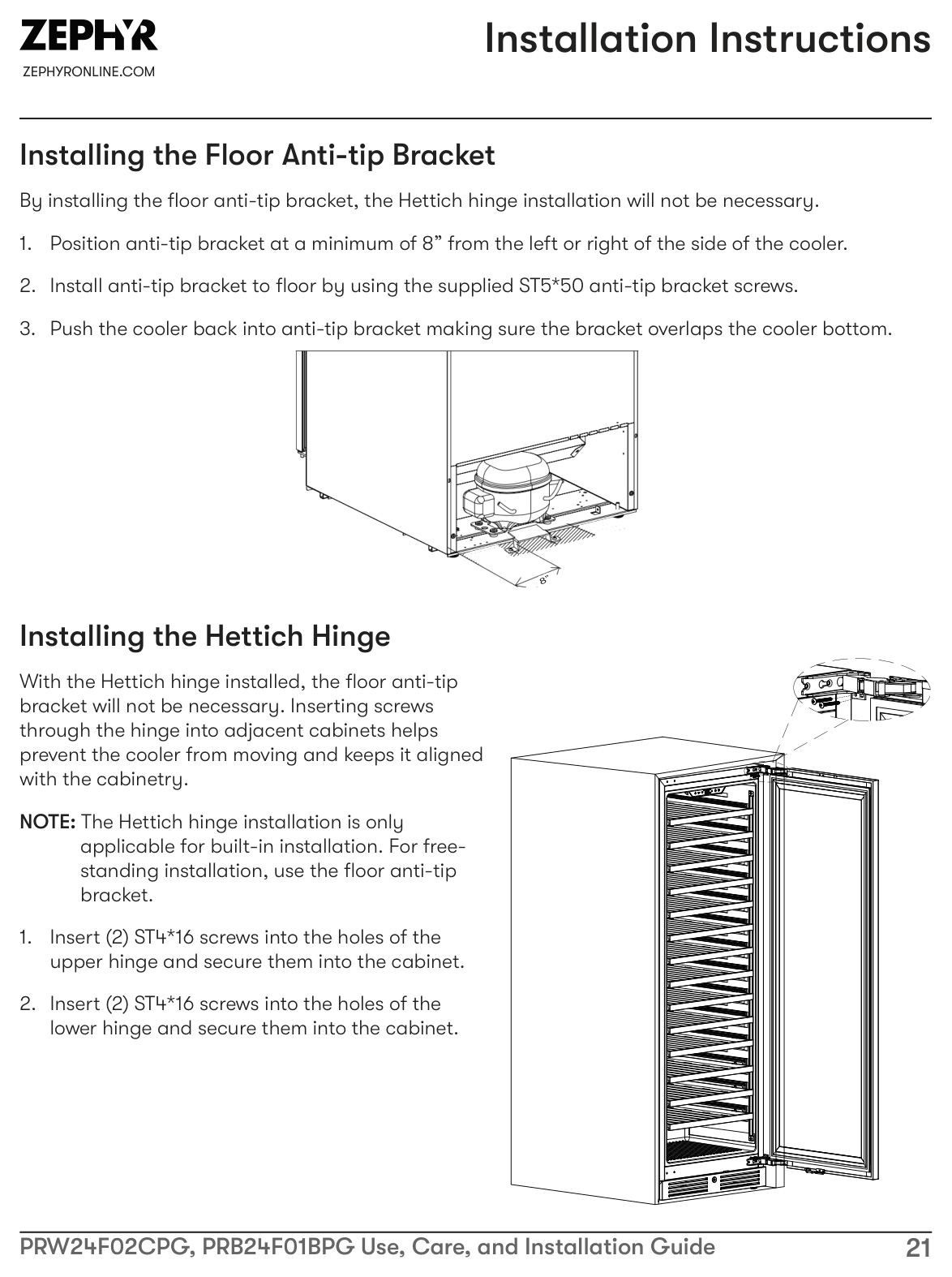 Installation diagram for the Zephyr PRW24F02CPG, from the owner's manual