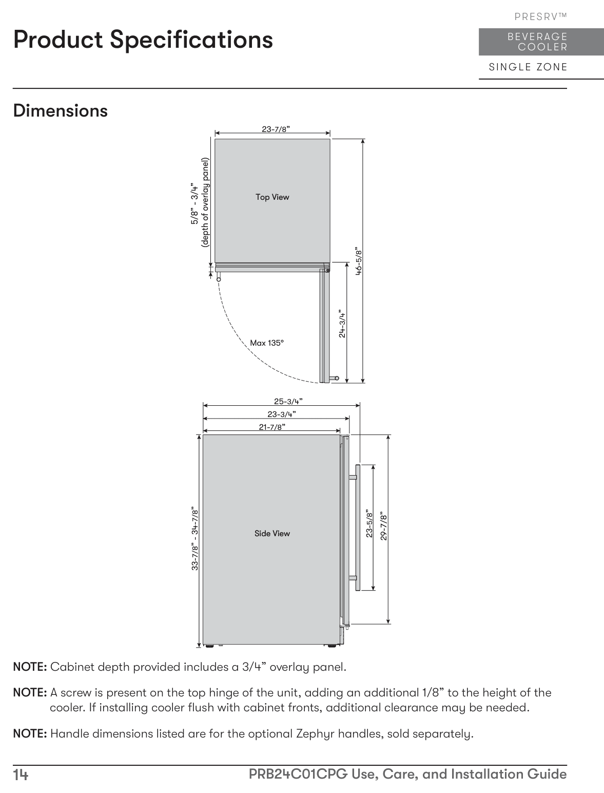 Dimension drawing for the Zephyr PRB24C01CPG, from the installation instructions