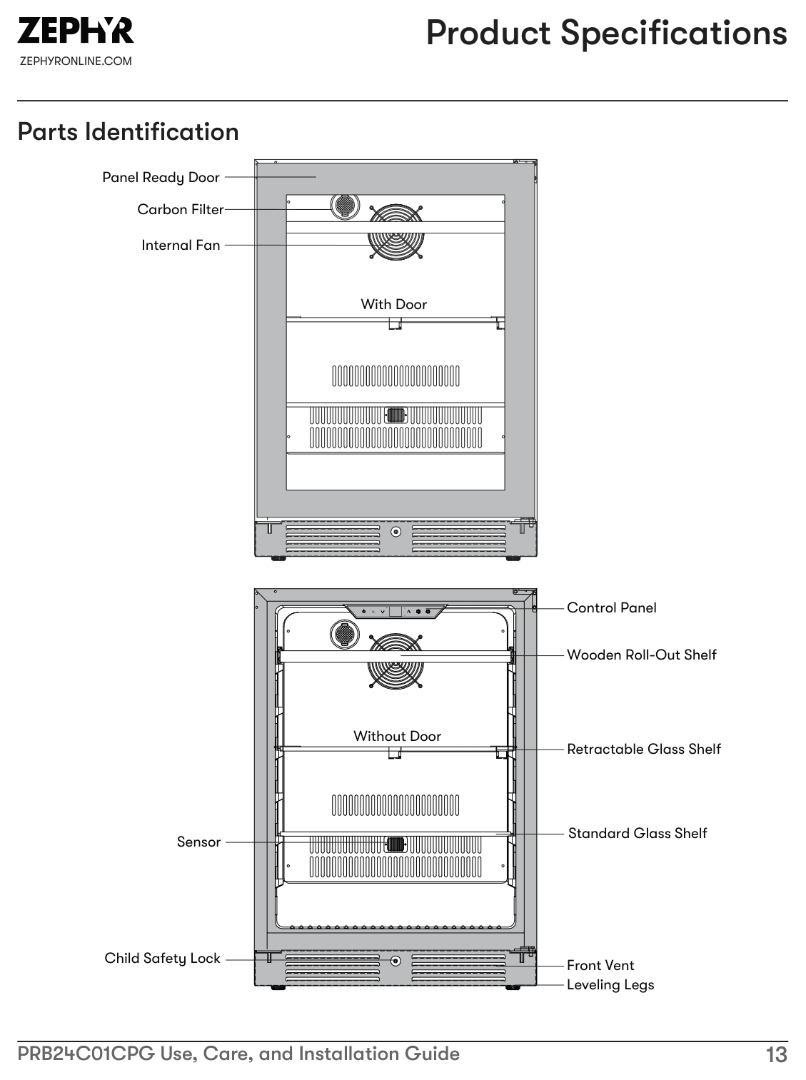 Parts diagram for the Zephyr PRB24C01CPG, from the installation instructions
