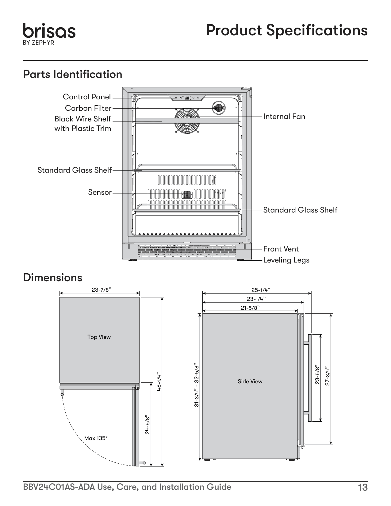 Dimension drawing for the Zephyr BBV24C01AS-ADA, from the manufacturer document