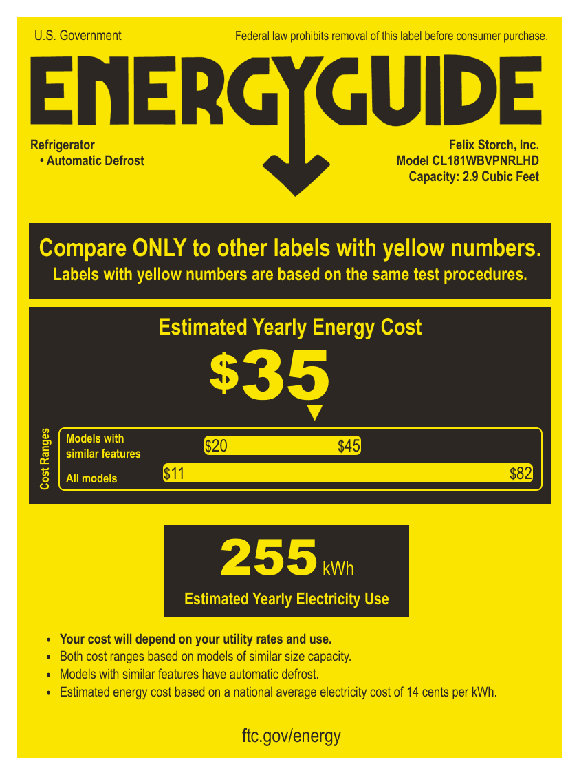 EnergyGuide label for the Summit Appliance CL181WBVPNRLHD, from the owner's manual