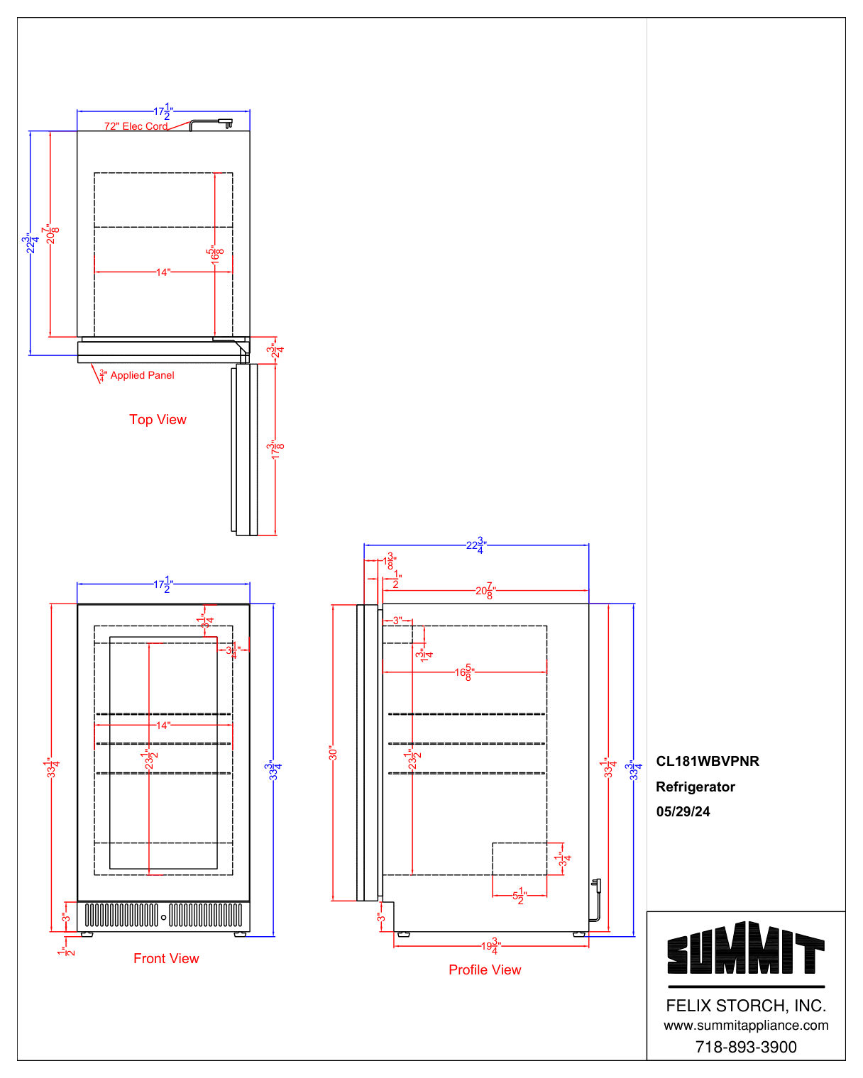 Dimension drawing for the Summit Appliance CL181WBVPNR, from the owner's manual