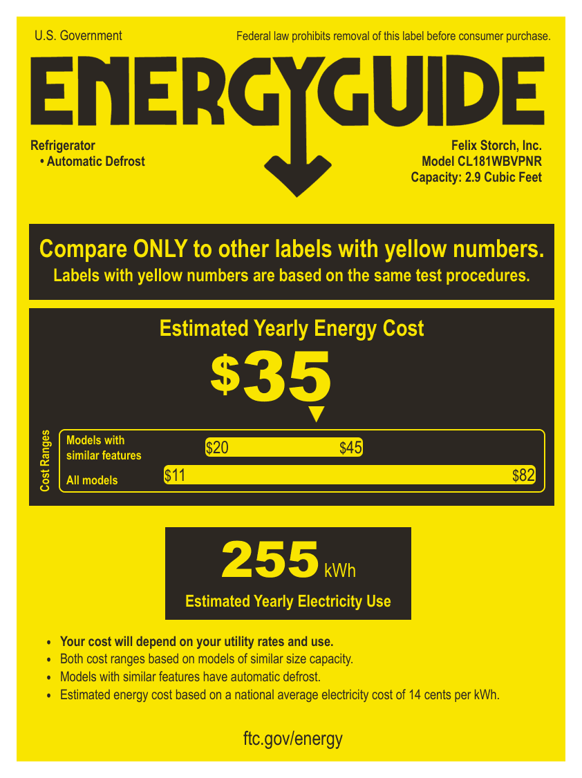EnergyGuide label for the Summit Appliance CL181WBVPNR, from the owner's manual