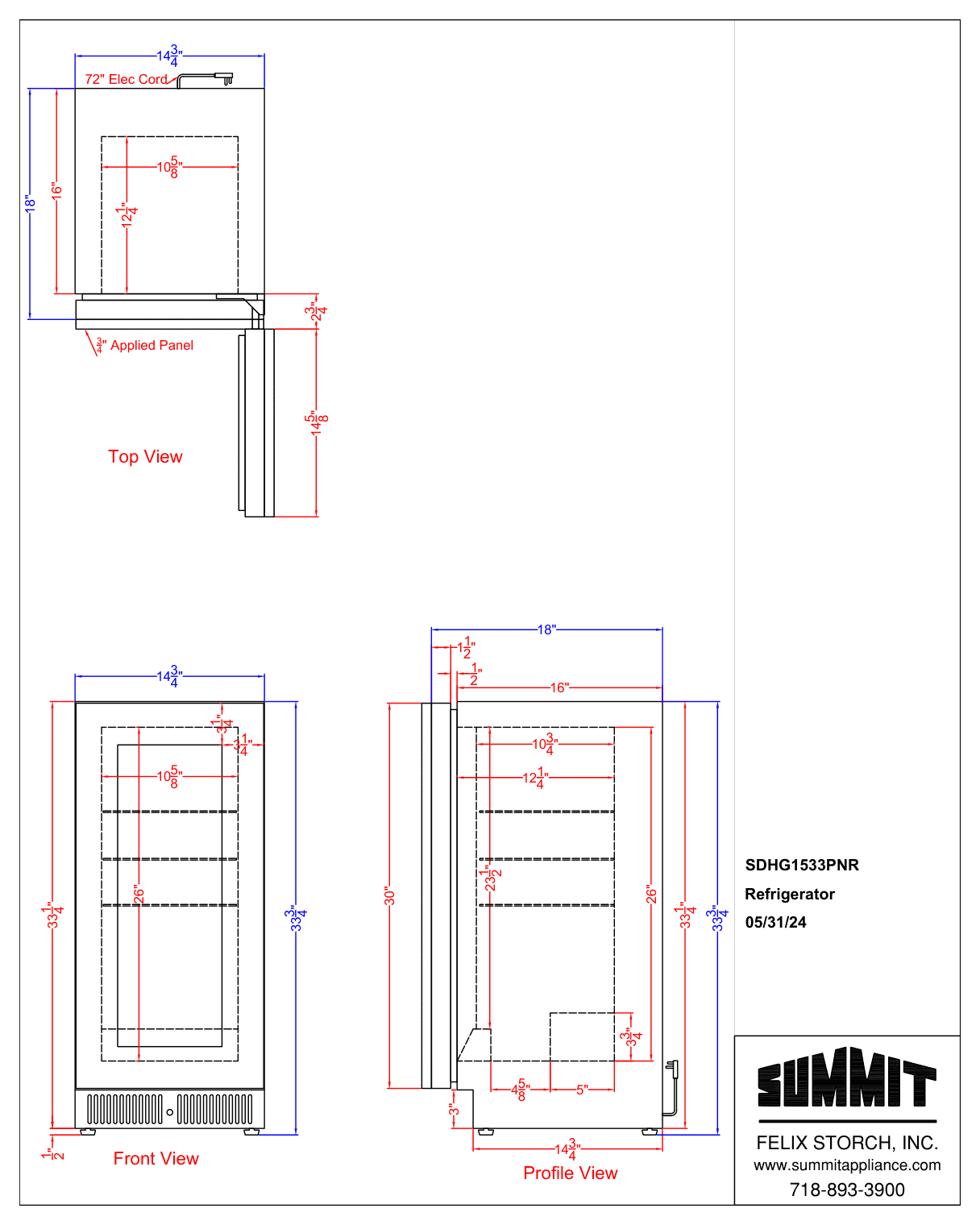 Dimension drawing for the Summit Appliance SDHG1533PNR, from the owner's manual